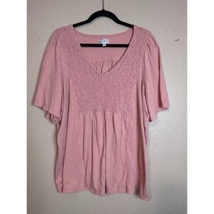 Wonderly XXL Plus‎ Size Top Blouse Pink Shirt-sleeve Smoked  v-neck babydoll EUC
